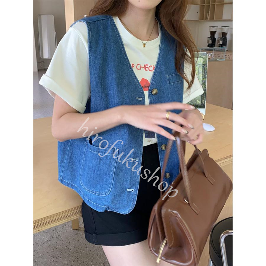デニムベスト レディース ベスト デニム ノースリーブ ゆったり シンプル トップス 前開き ショート丈 カジュアル アウター 着痩せ ファッション 