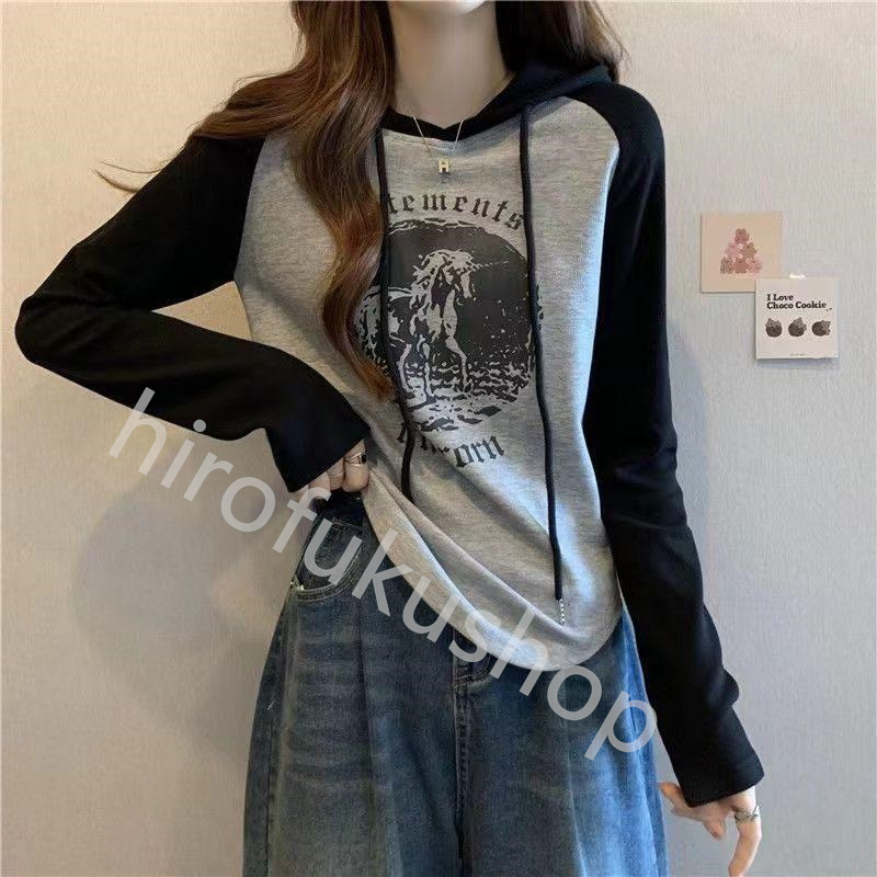Tシャツ カットソー レディース 長袖 フード付き 春秋 柔らかい 体型カバー トップス インナー おしゃれ ゆったり 着痩せ 通学 シンプル 