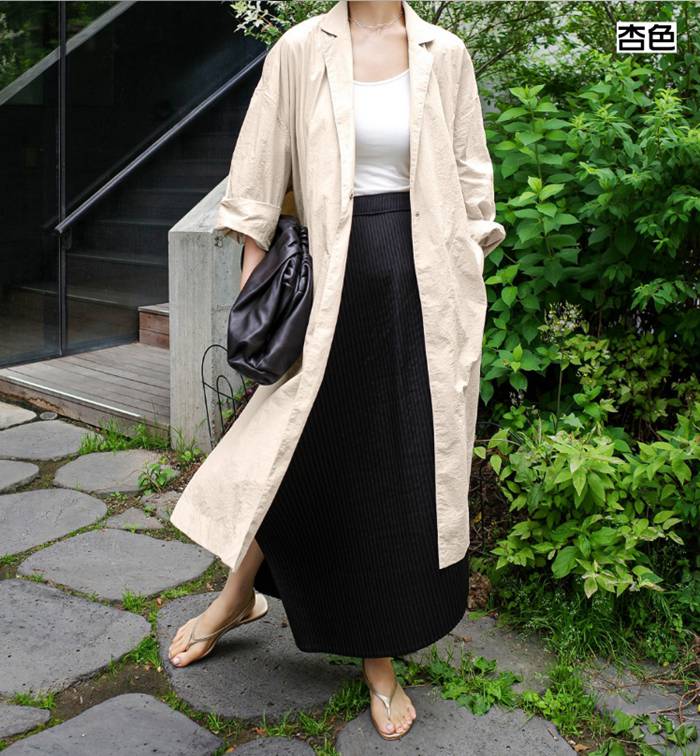 トレンチコート レディース ロング丈 無地 長袖 綿麻風 羽織 アウター ファッション 春 上着 秋 体型カバー ロングコート ゆったり トップス 