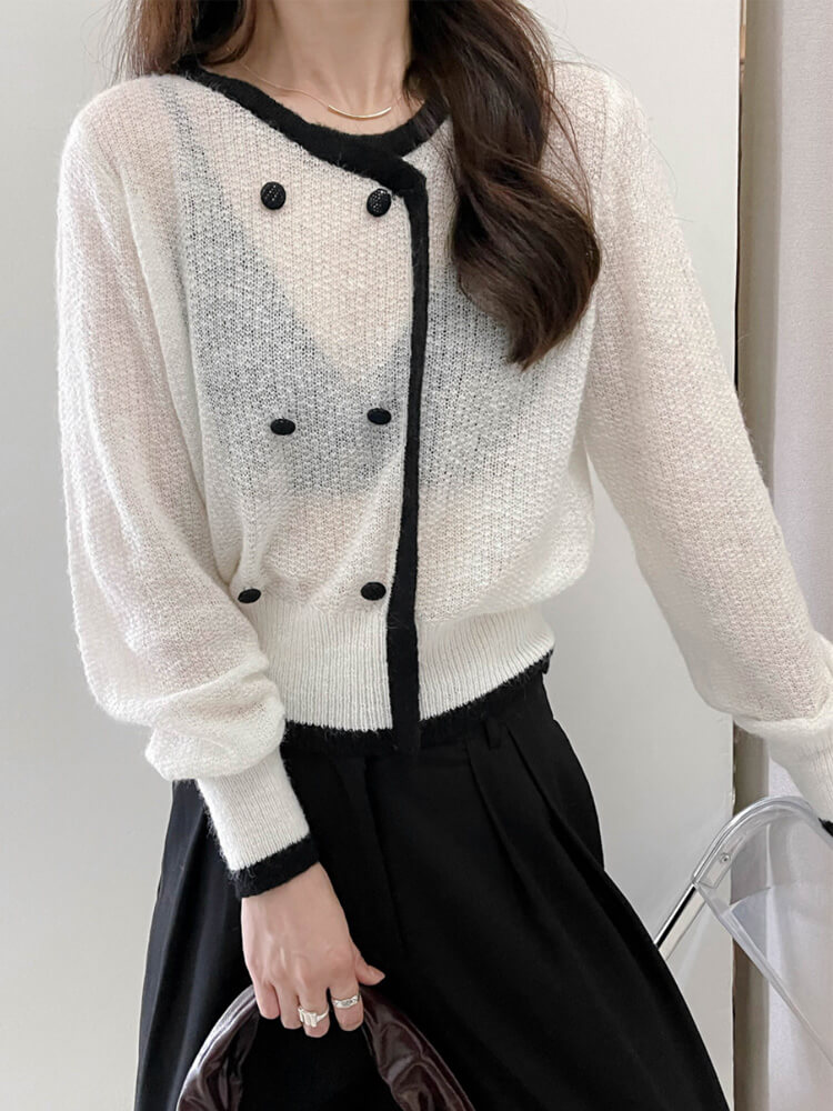 トップス レディース 韓国 ニット シースルー ローゲージ 長袖 冬 バイゴム レトロ シアーニット 秋 アンシンメトおしゃれ 