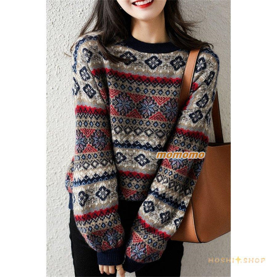 ニットセーター レディース 秋冬 40代 長袖 トップス 着痩せ 暖かい 花柄 おしゃれ 丸襟 大きいサイズ ニットソー ニットウェア セーター カットソー 