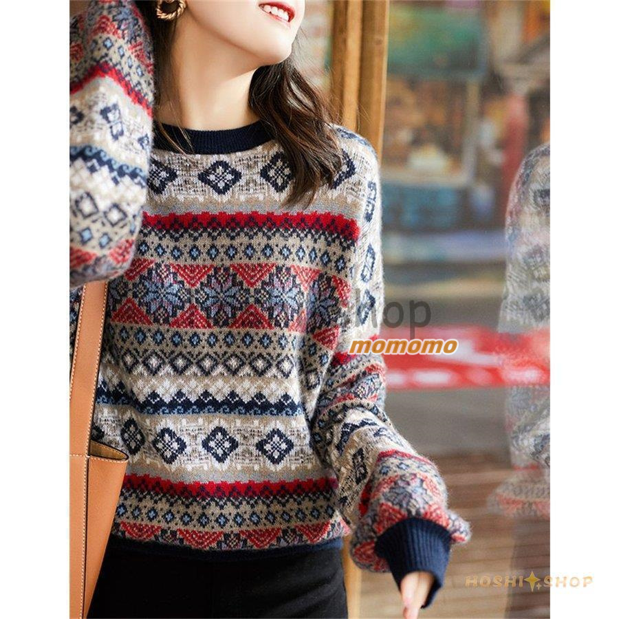 ニットセーター レディース 秋冬 40代 長袖 トップス 着痩せ 暖かい 花柄 おしゃれ 丸襟 大きいサイズ ニットソー ニットウェア セーター カットソー 