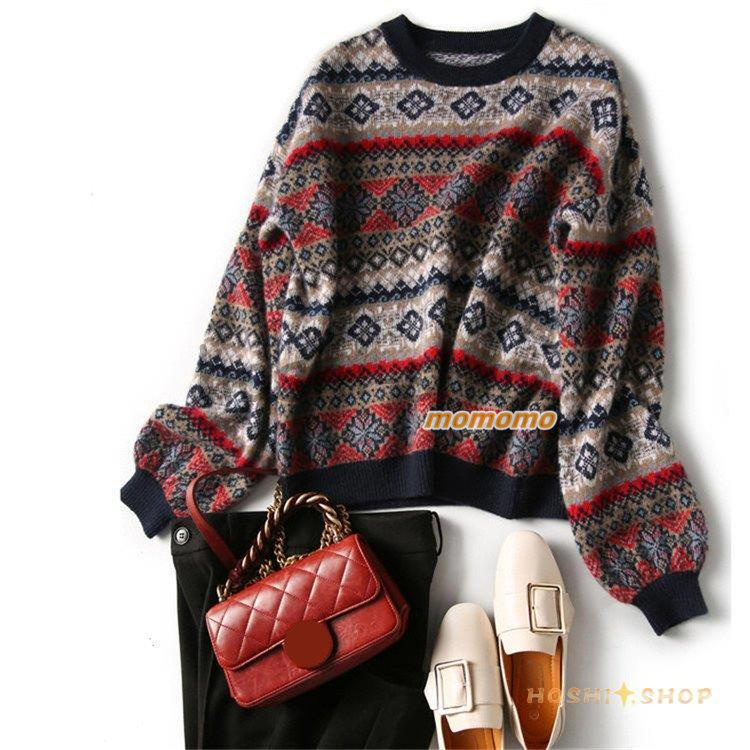 ニットセーター レディース 秋冬 40代 長袖 トップス 着痩せ 暖かい 花柄 おしゃれ 丸襟 大きいサイズ ニットソー ニットウェア セーター カットソー 