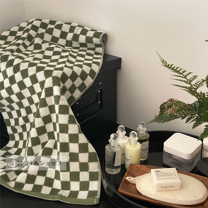 タオル ヴィンテージ チェック柄 チェッカー柄 格子縞 縦縞 コットン 棉 バスタオル 家庭用 大きいサイズ 吸水 