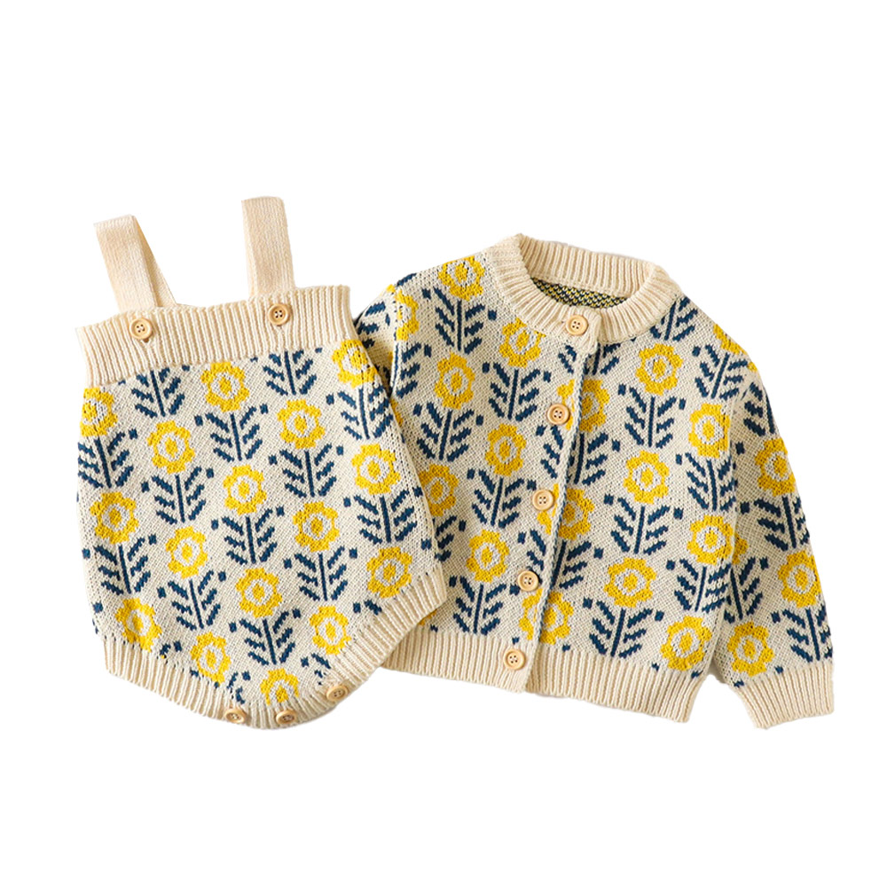 ロンパース ベビー ニット カーディガン セット 刺繍 ベビー服 秋冬 80 冬 花柄 長袖 たんぽぽ セットアップ 秋 赤ちゃん 70 フラワー 綿 子供服 春 女の子 