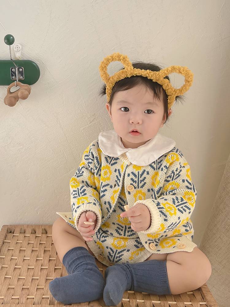 ロンパース ベビー ニット カーディガン セット 刺繍 ベビー服 秋冬 80 冬 花柄 長袖 たんぽぽ セットアップ 秋 赤ちゃん 70 フラワー 綿 子供服 春 女の子 