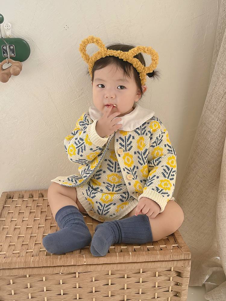 ロンパース ベビー ニット カーディガン セット 刺繍 ベビー服 秋冬 80 冬 花柄 長袖 たんぽぽ セットアップ 秋 赤ちゃん 70 フラワー 綿 子供服 春 女の子 