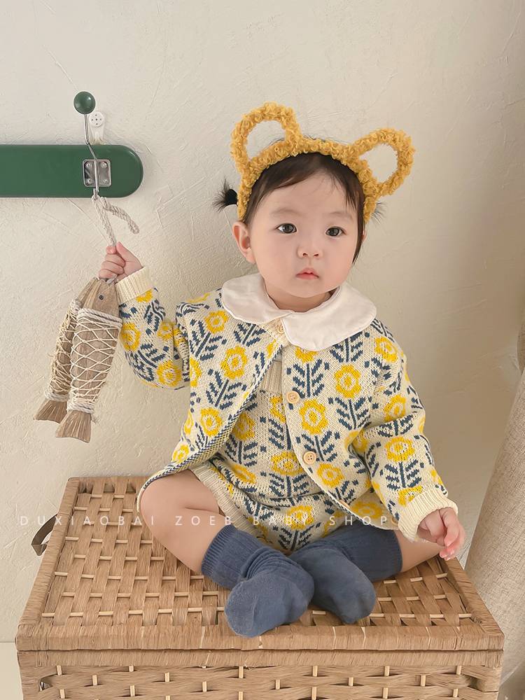 ロンパース ベビー ニット カーディガン セット 刺繍 ベビー服 秋冬 80 冬 花柄 長袖 たんぽぽ セットアップ 秋 赤ちゃん 70 フラワー 綿 子供服 春 女の子 