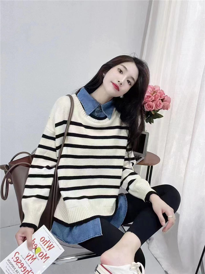 ニットセーター レディース トップス 韓国 トレーナー チュニック デニム レディース 長袖 ショート丈 レイヤード ニット セーター トップス 