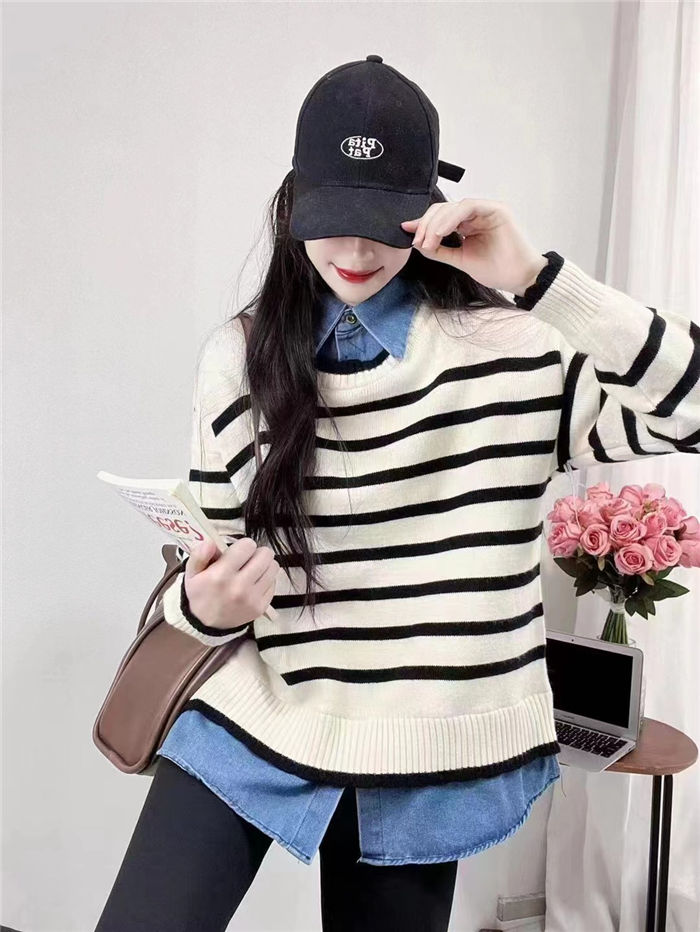 ニットセーター レディース トップス 韓国 トレーナー チュニック デニム レディース 長袖 ショート丈 レイヤード ニット セーター トップス 