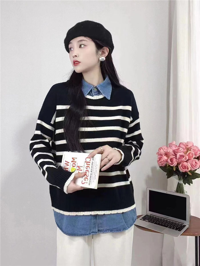 ニットセーター レディース トップス 韓国 トレーナー チュニック デニム レディース 長袖 ショート丈 レイヤード ニット セーター トップス 