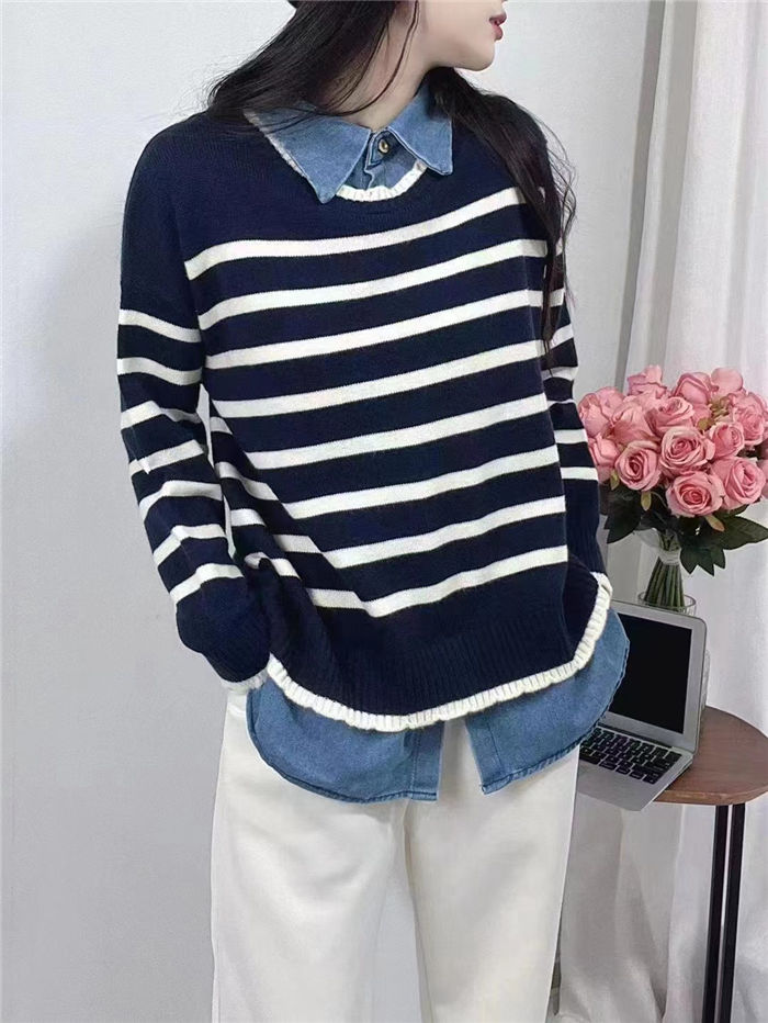 ニットセーター レディース トップス 韓国 トレーナー チュニック デニム レディース 長袖 ショート丈 レイヤード ニット セーター トップス 