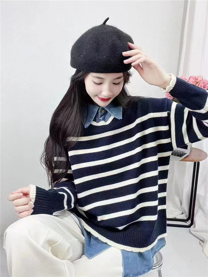 ニットセーター レディース トップス 韓国 トレーナー チュニック デニム レディース 長袖 ショート丈 レイヤード ニット セーター トップス 