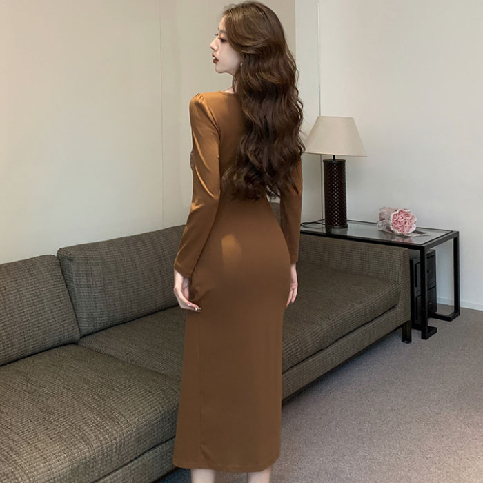 深スリットロングスカート 長袖タイトワンピース グレー カーキ セクシー タイトワンピ キャバ 服 スナック 韓国 