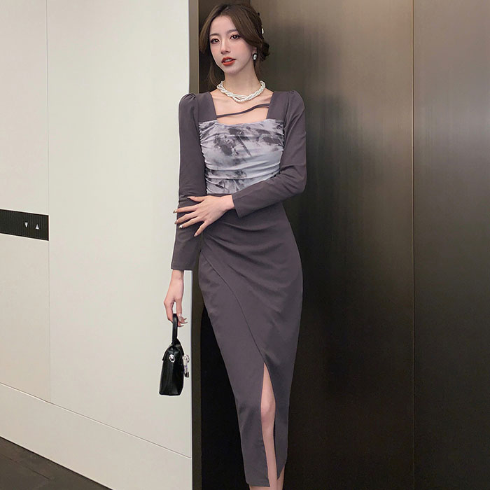 深スリットロングスカート 長袖タイトワンピース グレー カーキ セクシー タイトワンピ キャバ 服 スナック 韓国 