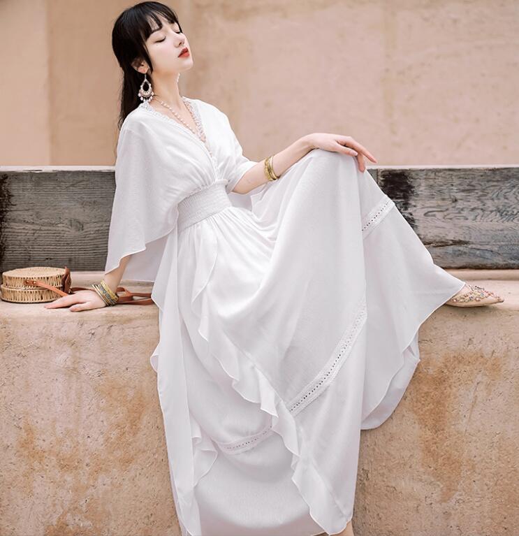 ビーチドレス ワンピース レディース 古典舞踊 Vネック バックレス 舞台ステージ演出服 ビーチウェア エレ長袖 ダンスウェア 撮影写真 海旅行 