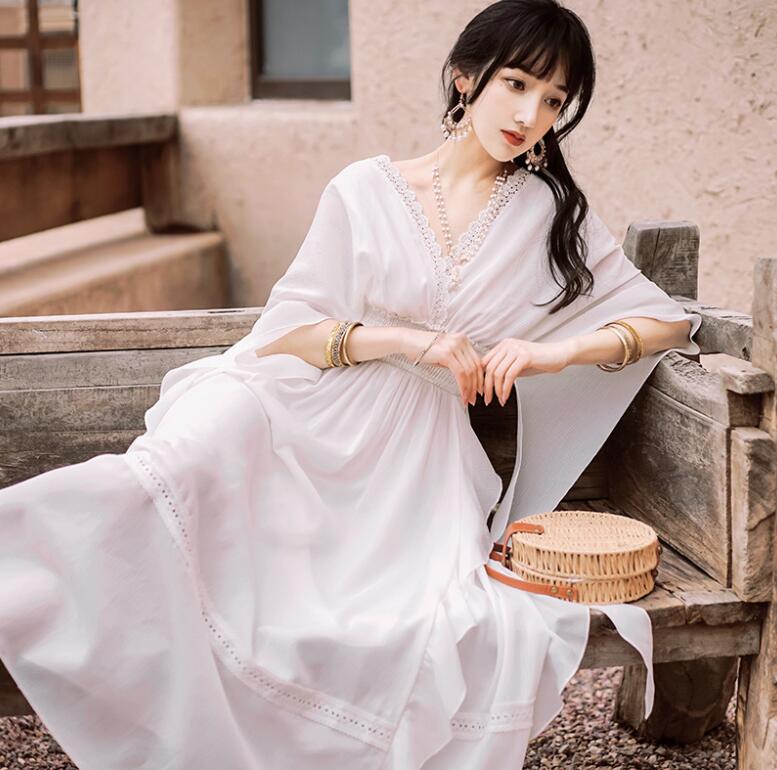 ビーチドレス ワンピース レディース 古典舞踊 Vネック バックレス 舞台ステージ演出服 ビーチウェア エレ長袖 ダンスウェア 撮影写真 海旅行 