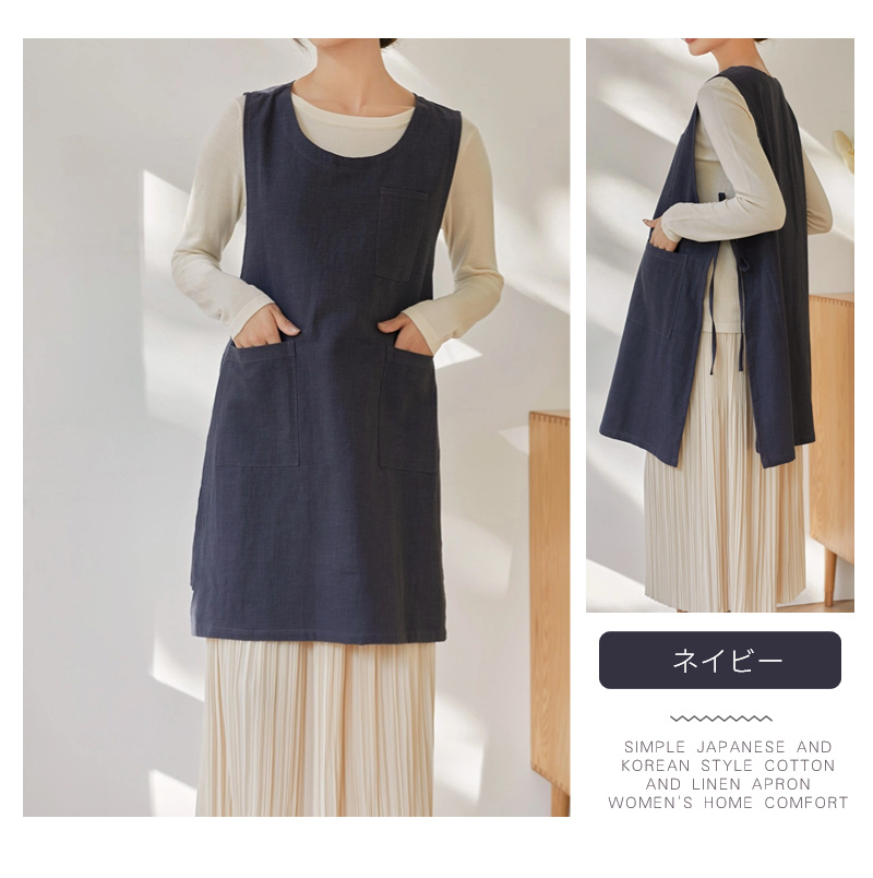 2WAYエプロン ラウンドネックエプロン 亜麻 ドレスエプロン レディースワークエプロン ロングエプロン ゆったりエプロン 前掛け ワンピースエプロン 