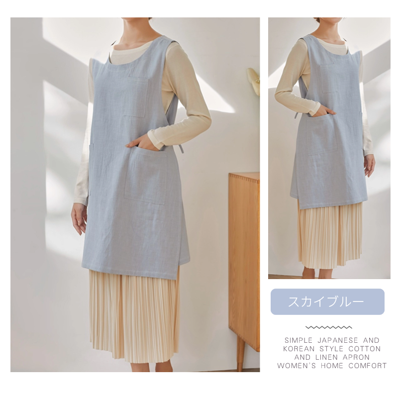 2WAYエプロン ラウンドネックエプロン 亜麻 ドレスエプロン レディースワークエプロン ロングエプロン ゆったりエプロン ワンピースエプロン 前掛け 