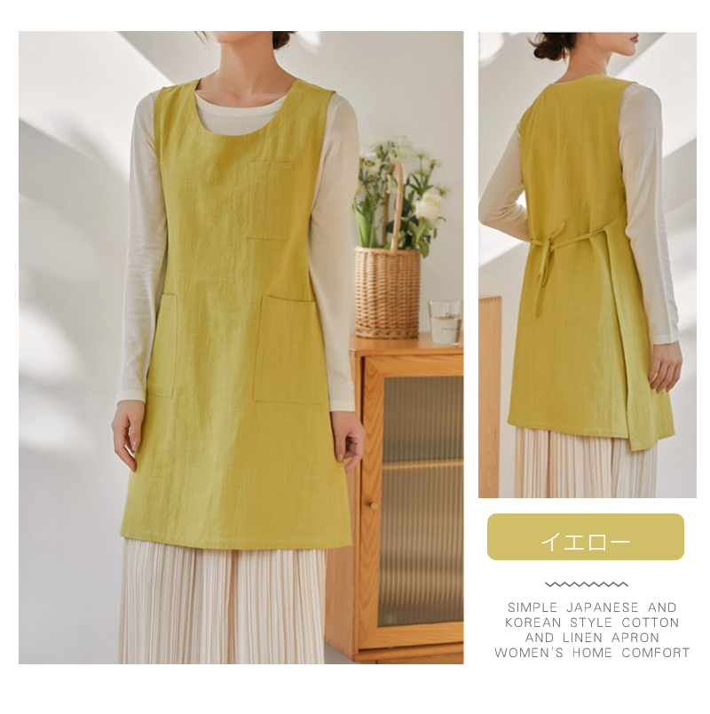 2WAYエプロン ラウンドネックエプロン 亜麻 ドレスエプロン レディースワークエプロン ロングエプロン ゆったりエプロン ワンピースエプロン 前掛け 
