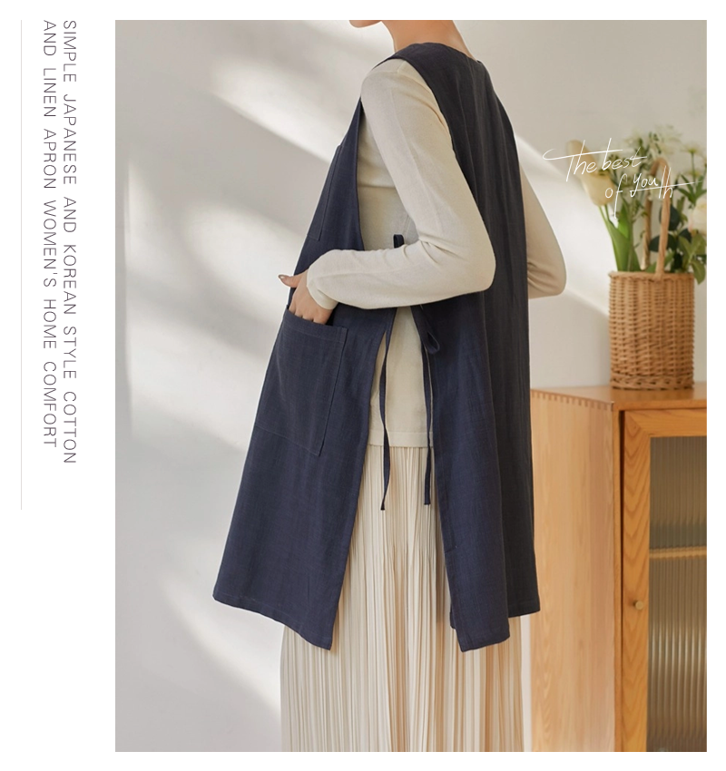 2WAYエプロン ラウンドネックエプロン 亜麻 ドレスエプロン レディースワークエプロン ロングエプロン ゆったりエプロン ワンピースエプロン 前掛け 