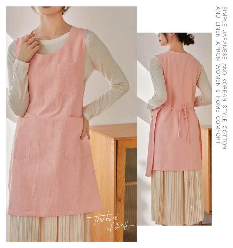 2WAYエプロン ラウンドネックエプロン 亜麻 ドレスエプロン レディースワークエプロン ロングエプロン ゆったりエプロン ワンピースエプロン 前掛け 