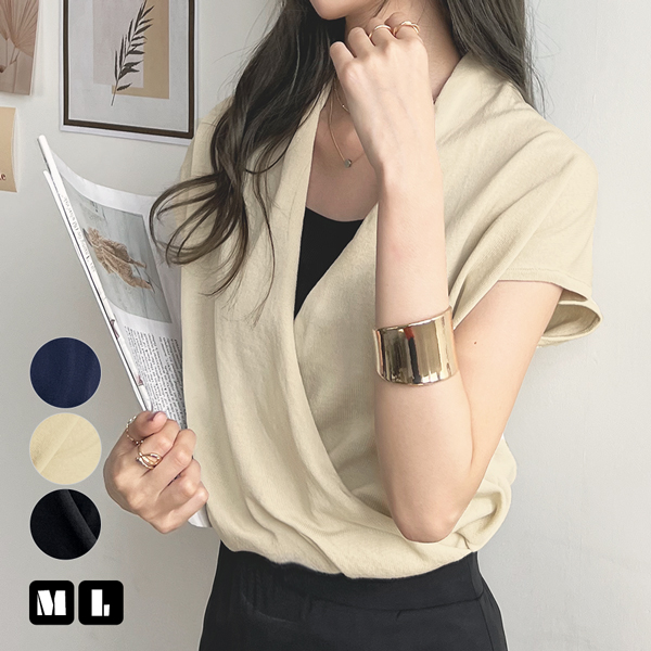 トップス レディース フレンチスリーブ Vネック カシュクール ニット きれいめ カシュクールフレンチスリーブトップス ファッション 韓国 上品 オフィス 