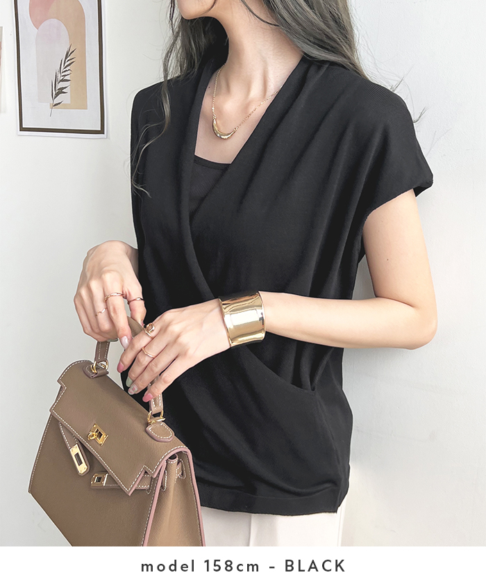 トップス レディース フレンチスリーブ Vネック カシュクール ニット きれいめ カシュクールフレンチスリーブトップス ファッション 韓国 上品 オフィス 