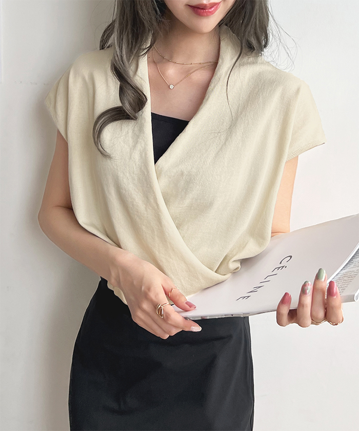 トップス レディース フレンチスリーブ Vネック カシュクール ニット きれいめ カシュクールフレンチスリーブトップス ファッション 韓国 上品 オフィス 