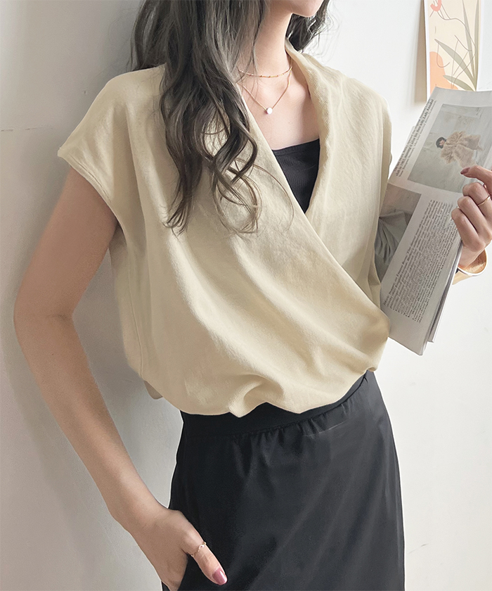 トップス レディース フレンチスリーブ Vネック カシュクール ニット きれいめ カシュクールフレンチスリーブトップス ファッション 韓国 上品 オフィス 