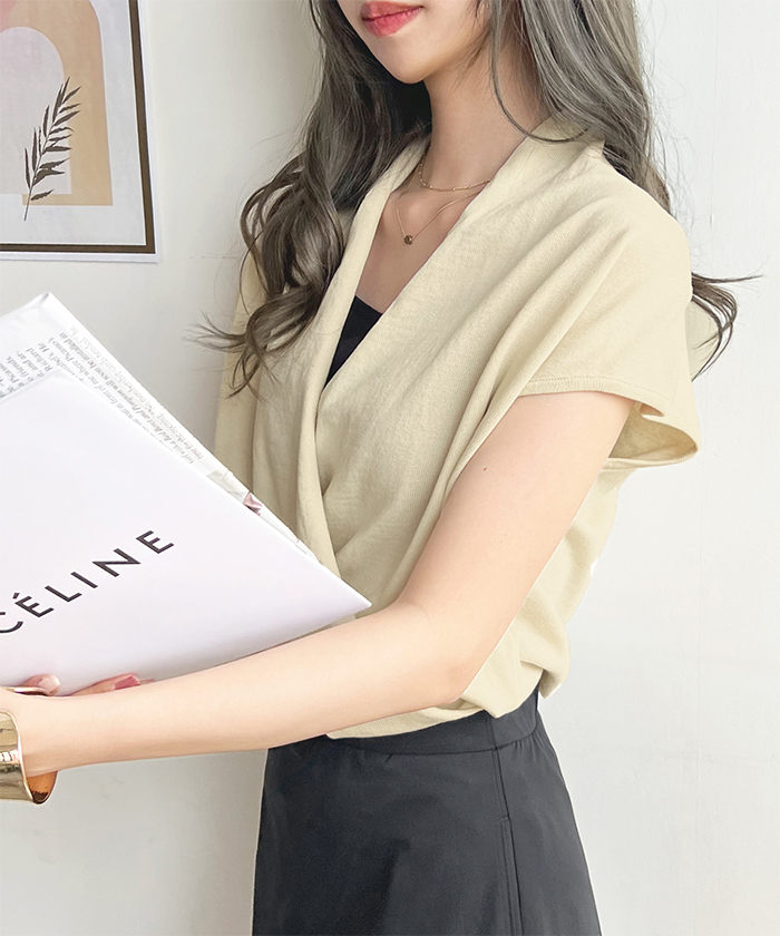 トップス レディース フレンチスリーブ Vネック カシュクール ニット きれいめ カシュクールフレンチスリーブトップス ファッション 韓国 上品 オフィス 