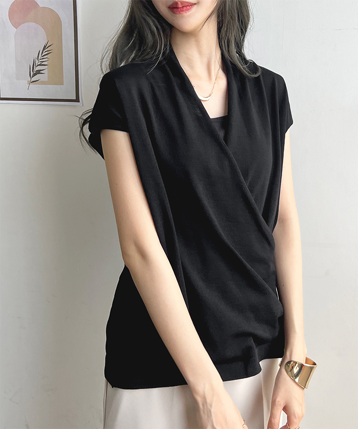 トップス レディース フレンチスリーブ Vネック カシュクール ニット きれいめ カシュクールフレンチスリーブトップス ファッション 韓国 上品 オフィス 