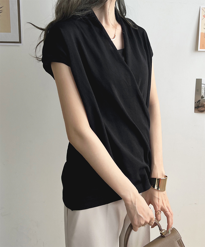 トップス レディース フレンチスリーブ Vネック カシュクール ニット きれいめ カシュクールフレンチスリーブトップス ファッション 韓国 上品 オフィス 