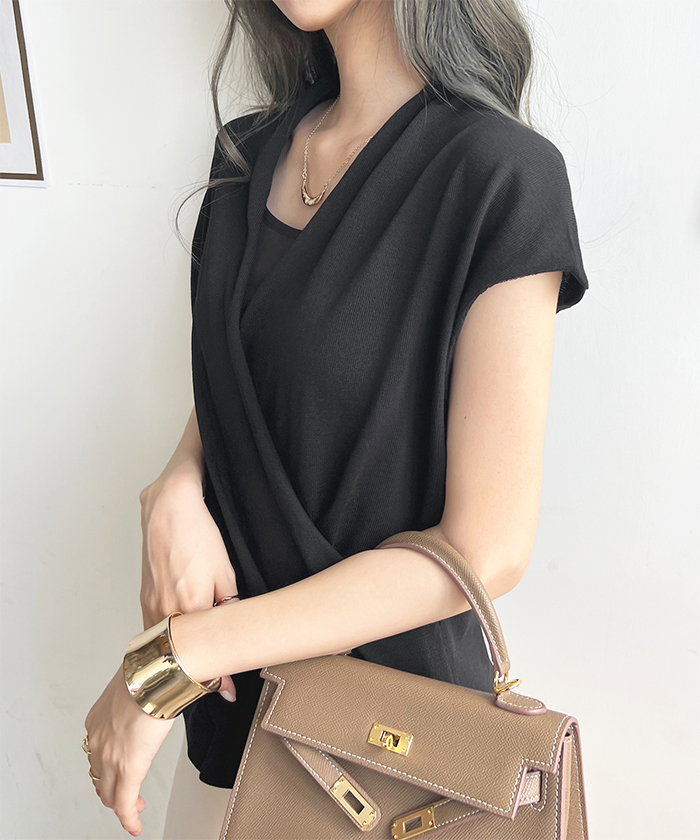 トップス レディース フレンチスリーブ Vネック カシュクール ニット きれいめ カシュクールフレンチスリーブトップス ファッション 韓国 上品 オフィス 