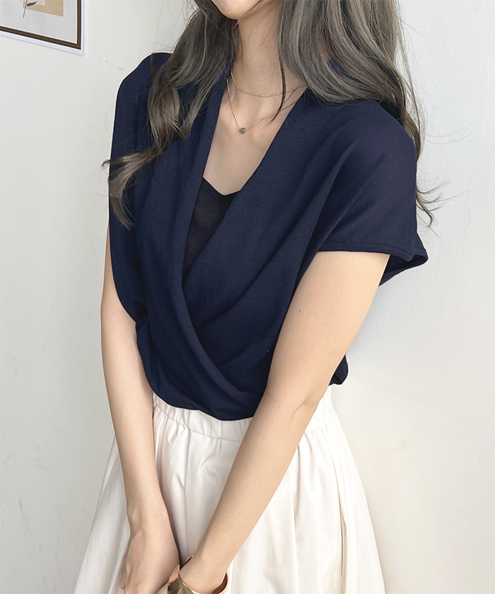 トップス レディース フレンチスリーブ Vネック カシュクール ニット きれいめ カシュクールフレンチスリーブトップス ファッション 韓国 上品 オフィス 