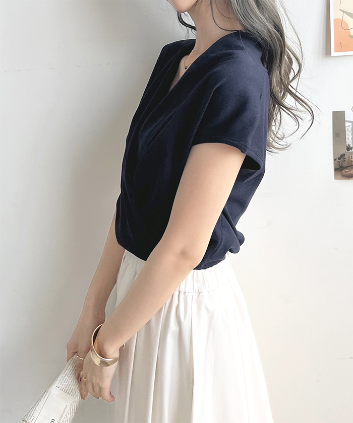 トップス レディース フレンチスリーブ Vネック カシュクール ニット きれいめ カシュクールフレンチスリーブトップス ファッション 韓国 上品 オフィス 