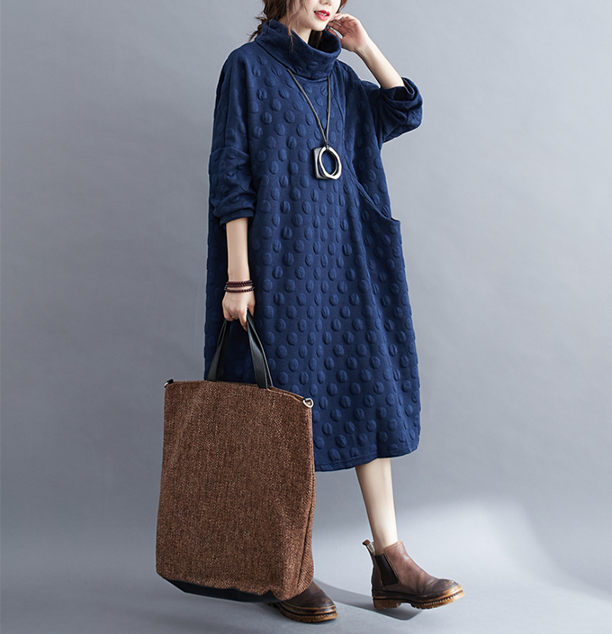 全品ポイント5% 半額クーポン付 ゆったりサイズワンピース ドット柄 レディース 体型カバーワンピ タートルネック 