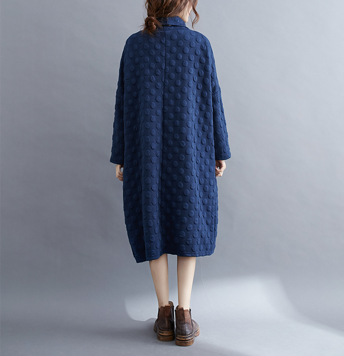 全品ポイント5% 半額クーポン付 ゆったりサイズワンピース ドット柄 レディース 体型カバーワンピ タートルネック 