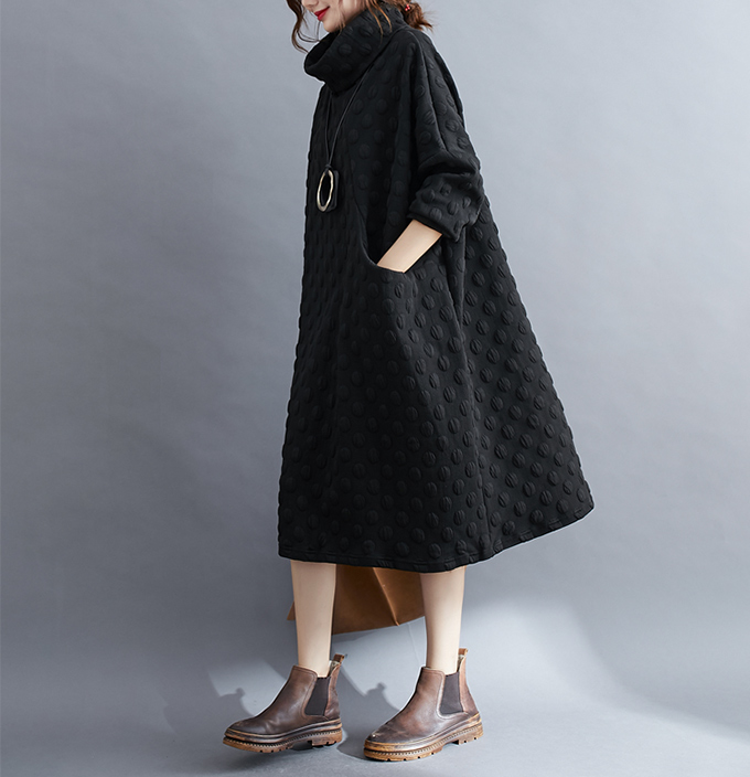 全品ポイント5% 半額クーポン付 ゆったりサイズワンピース ドット柄 レディース 体型カバーワンピ タートルネック 