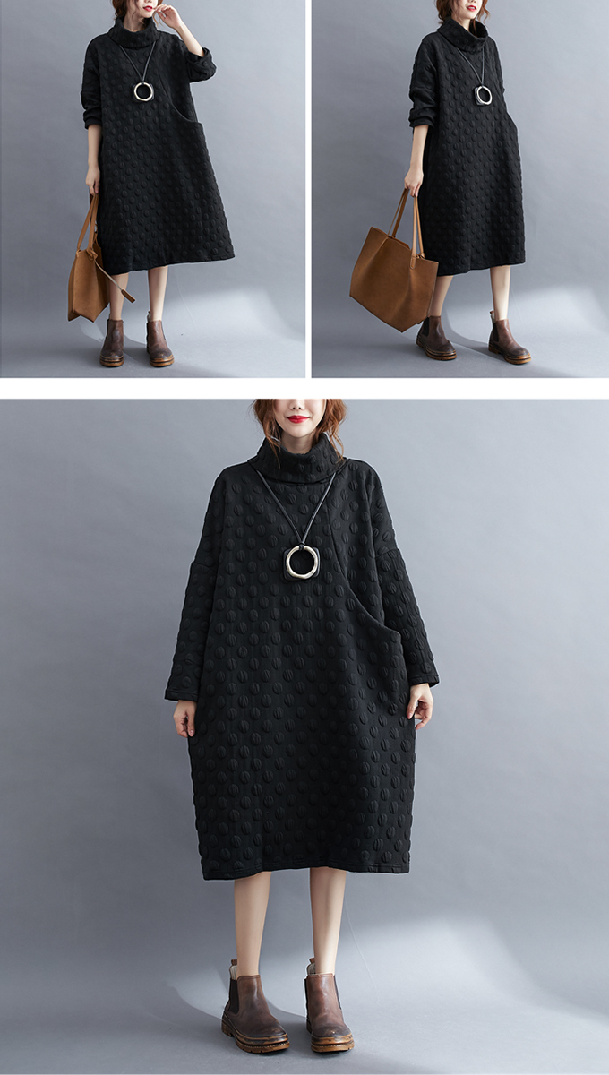 全品ポイント5% 半額クーポン付 ゆったりサイズワンピース ドット柄 レディース 体型カバーワンピ タートルネック 