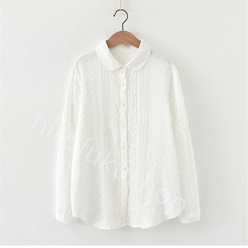 長袖シャツ コットン ダブルガーゼ レディース ガーゼシャツ 長袖 カジュアル トップス 春秋 お洒落 シャツ 重ね着 ドット 白シャツ レース 
