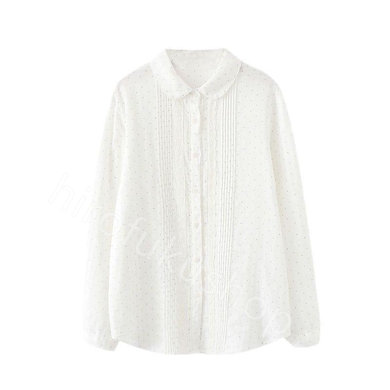 長袖シャツ コットン ダブルガーゼ レディース ガーゼシャツ 長袖 カジュアル トップス 春秋 お洒落 シャツ 重ね着 ドット 白シャツ レース 