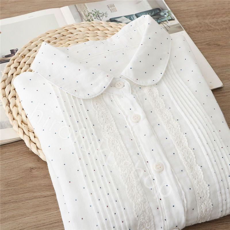 長袖シャツ コットン ダブルガーゼ レディース ガーゼシャツ 長袖 カジュアル トップス 春秋 お洒落 シャツ 重ね着 ドット 白シャツ レース 