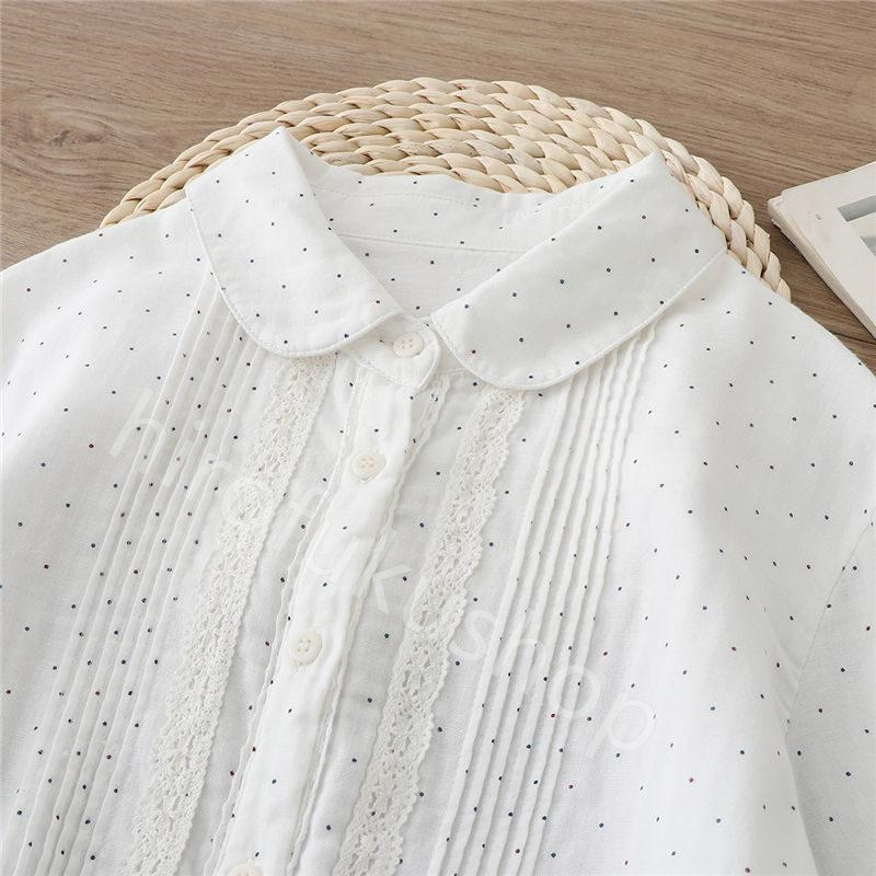 長袖シャツ コットン ダブルガーゼ レディース ガーゼシャツ 長袖 カジュアル トップス 春秋 お洒落 シャツ 重ね着 ドット 白シャツ レース 