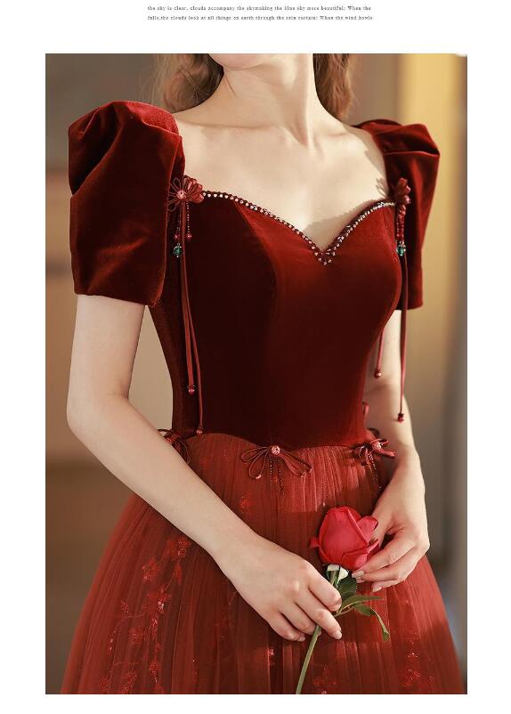 イブニングドレス 発表会ドレス パフスリーブ ベロア チュール ドッキング パーティードレス 結婚式ドレス 演奏会ドレス ワイン赤 