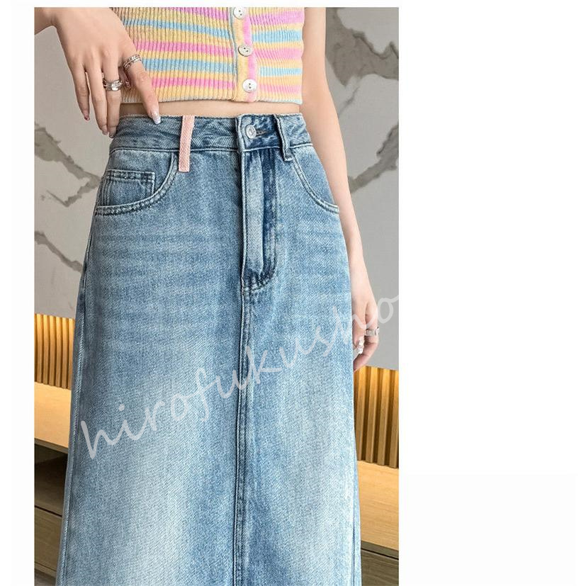 スカート デニムスカート ロング丈 マキシ丈スカート ポケット付き Aライン ボ上品 おしゃれ 大きいサイズ 着痩せお洒落 ハイウエスト 