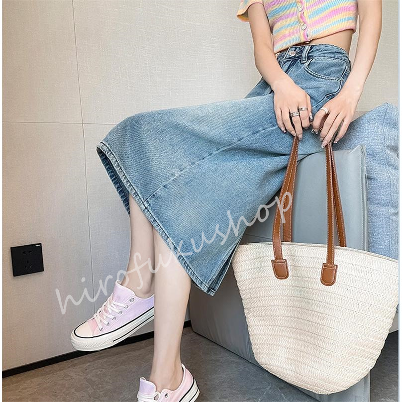 スカート デニムスカート ロング丈 マキシ丈スカート ポケット付き Aライン ボ上品 おしゃれ 大きいサイズ 着痩せお洒落 ハイウエスト 