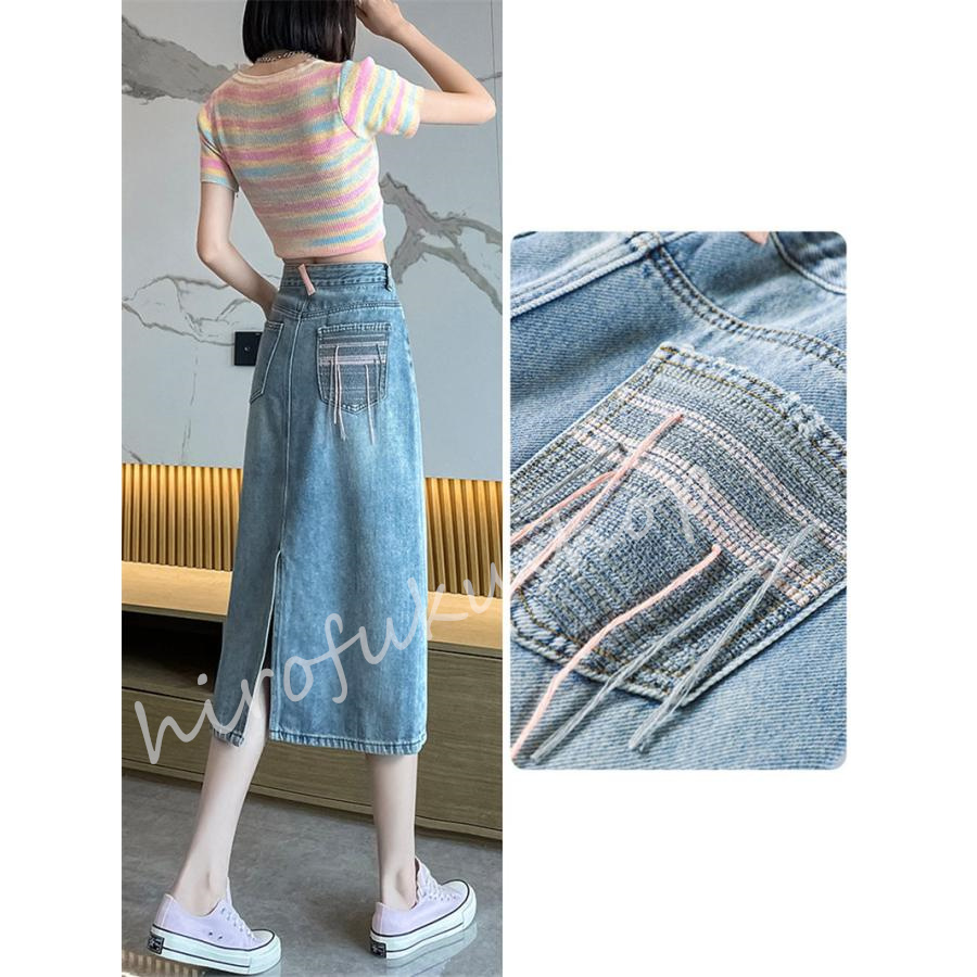 スカート デニムスカート ロング丈 マキシ丈スカート ポケット付き Aライン ボ上品 おしゃれ 大きいサイズ 着痩せお洒落 ハイウエスト 