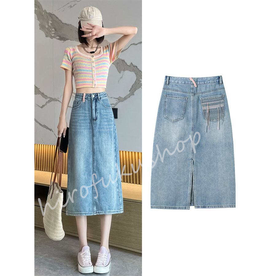 スカート デニムスカート ロング丈 マキシ丈スカート ポケット付き Aライン ボ上品 おしゃれ 大きいサイズ 着痩せお洒落 ハイウエスト 