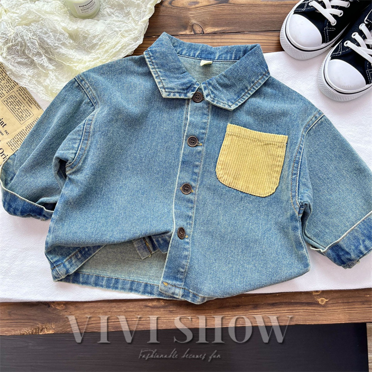 キッズ アウター 長袖 デニム トップス シンプル シャツ風 動きやすい ワンポイント おしゃれ 襟付き カジュアル あわせやすい ゆったり 着やすい 
